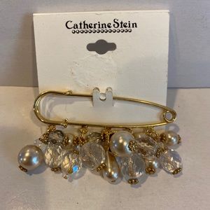 CATHERINE STEIN Brooch Pin Faux Pearl Crystal Gold $34
